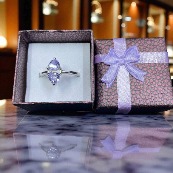 Purple Marquise Gemstone Ring Silver Tone Elegant Statement Cocktail Jewelry - Picture 1 of 5